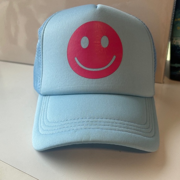 Hobby Lobby Accessories - Hobby Lobby Light Blue Trucker Hat with Pink Smiley